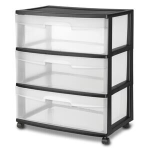 NWT 3 Drawer Wide Plastic Storage Cart with Clear Pull-Out Drawers, Black